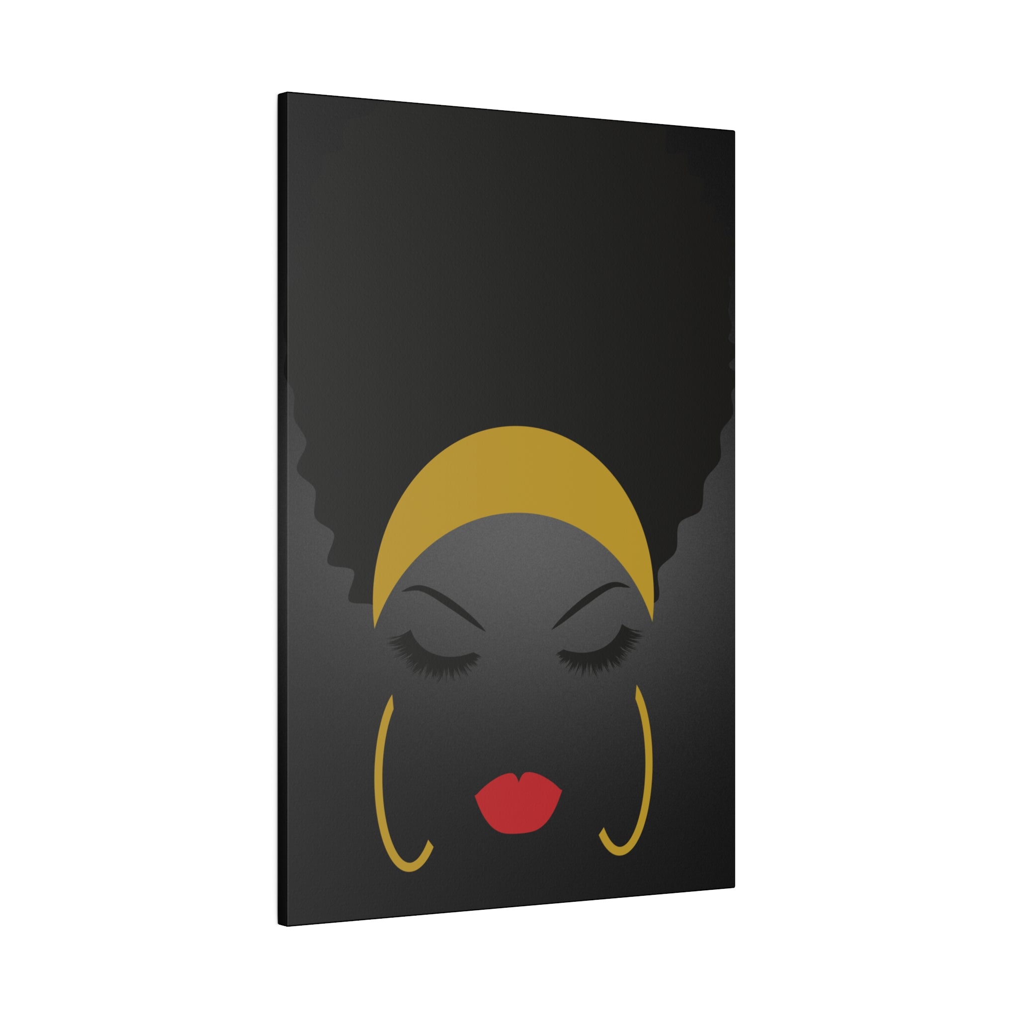 Eleganter Afro-Silhouette-Kunstdruck – minimalistisches Frauenporträt in Schwarz und Gold, druckfertig, matte Leinwand, gespannt, 0,75