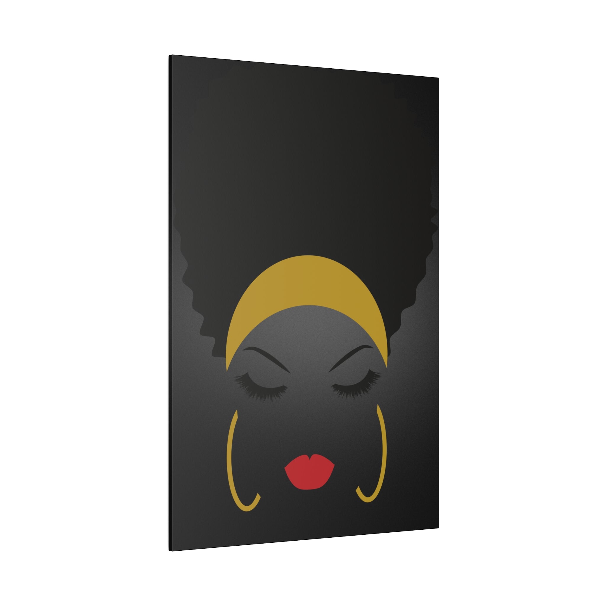 Eleganter Afro-Silhouette-Kunstdruck – minimalistisches Frauenporträt in Schwarz und Gold, druckfertig, matte Leinwand, gespannt, 0,75